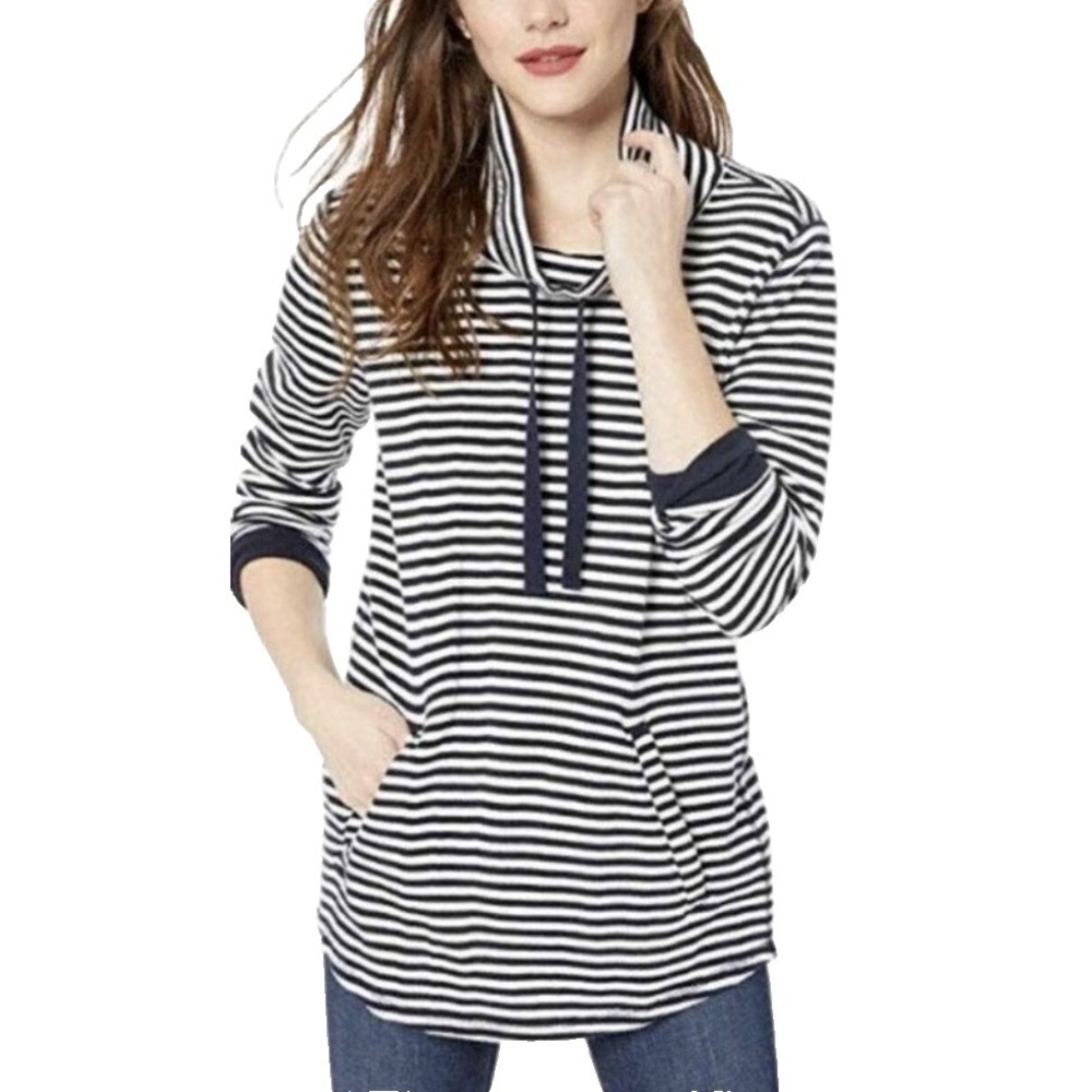 J.CREW Mercantile Sweatshirt Womens Size XL Blue Striped Cowl Neck Pockets